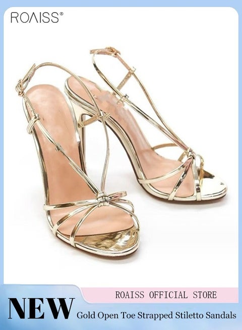 تصميمات كبيرة من إصبع القدمين المفتوحين في الكعب العالي من الذهب مع 6 سم رفيعة عالية الكعب القابل للتعديل الضيق في الكاحل اليومية شارع شارع غير رسمي مريح خفيف الوزن