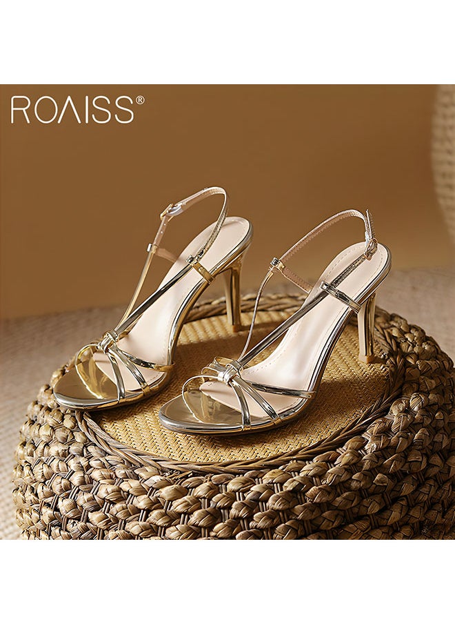 roaiss - Women's Strappy Open Toe High Heels Gold Round Head Design With 6Cm Slim High Heels Adjustable Ankle Tightness - Image 1