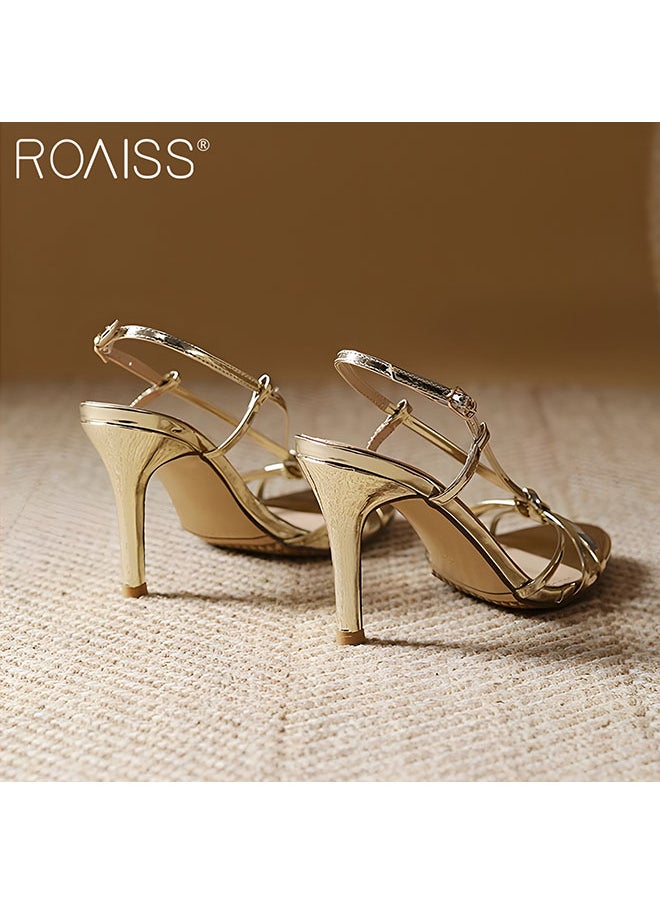 roaiss - Women's Strappy Open Toe High Heels Gold Round Head Design With 6Cm Slim High Heels Adjustable Ankle Tightness - Image 1