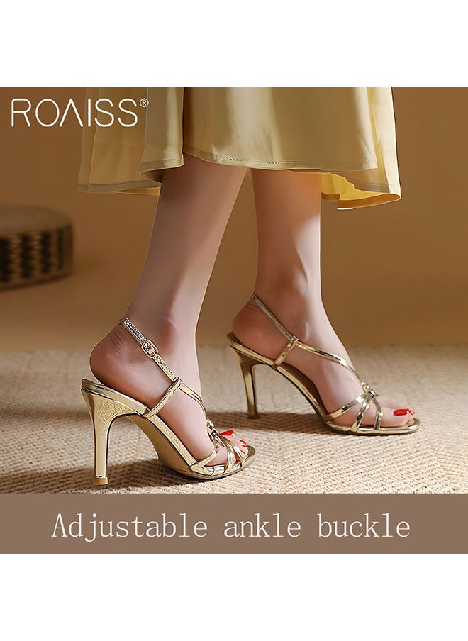 roaiss - Women's Strappy Open Toe High Heels Gold Round Head Design With 6Cm Slim High Heels Adjustable Ankle Tightness - Image 1