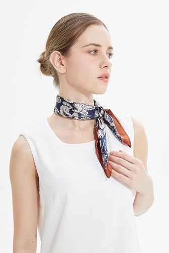 MEISEE Pure Natural Mulberry Silk Scarfs Women Small Square Scarf 21" x 21" Breathable Lightweight Neckerchief Printed Headscarf (A-Blue + coffee-10) - Image 2