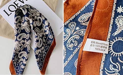 MEISEE Pure Natural Mulberry Silk Scarfs Women Small Square Scarf 21" x 21" Breathable Lightweight Neckerchief Printed Headscarf (A-Blue + coffee-10) - Image 5