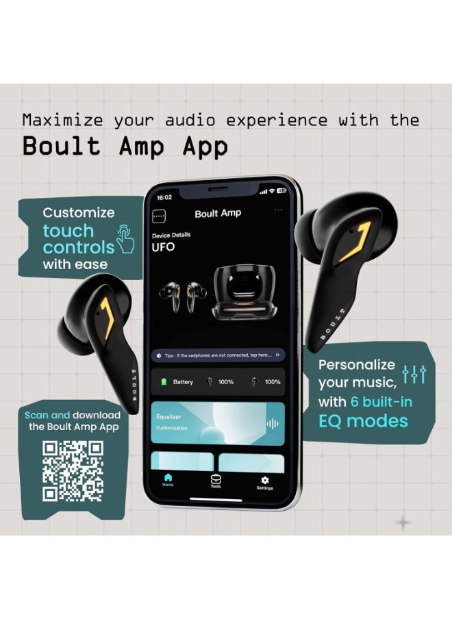 Boult Audio UFO Truly Wireless in Ear Earbuds with 48H Playtime, Built-in App Support, 45ms Low Latency Gaming, 4 Mics ENC, Breathing LEDs, 13mm Bass Drivers Ear Buds TWS, Made in India (Black Gloss)
