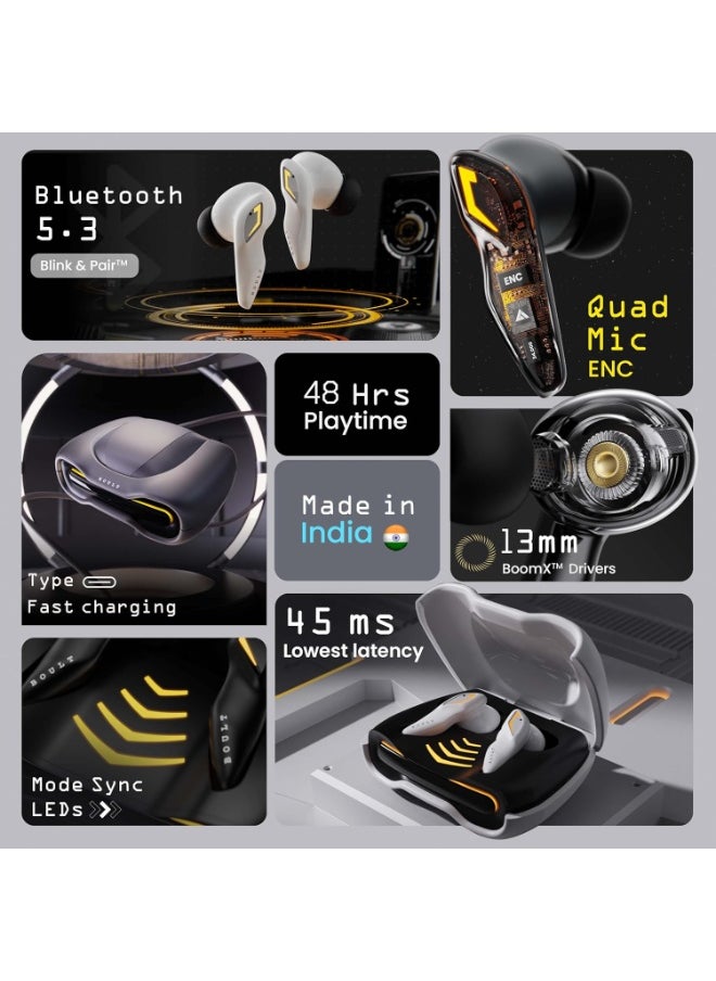 Boult Audio UFO Truly Wireless in Ear Earbuds with 48H Playtime, Built-in App Support, 45ms Low Latency Gaming, 4 Mics ENC, Breathing LEDs, 13mm Bass Drivers Ear Buds TWS, Made in India (Black Gloss)