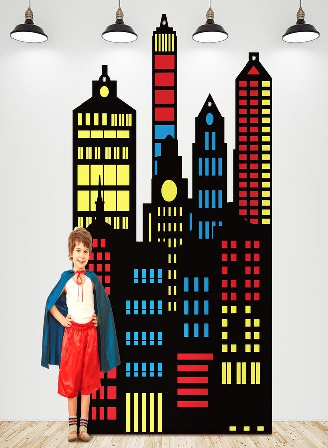 Tegeme Hero Party Decoration 3.94 x 6.56 ft Skyscraper City Backdrop Irregular Colorful Photo Background for Hero Theme Birthday Party Supplies - Image 1
