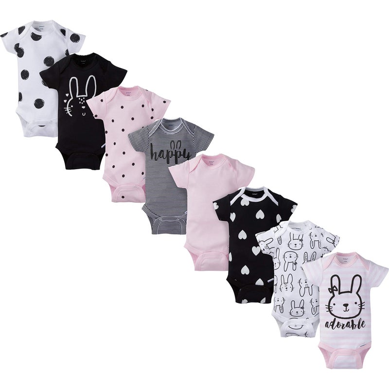 Gerber Baby 8-Pack Short Sleeve Onesies Bodysuits, Pink Bunny, 6-9 Months - Image 1