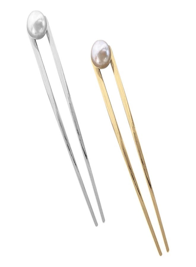 BAKEFY 2 Pcs U Shaped Hair Pins, Metal Hair Fork, Vintage Hair Sticks, Hair Pins for Buns, French Updo Hair Pins for Women Hair Accessories Girls Gifts Hairstyle Chignon (Silver Golden color) - Image 1