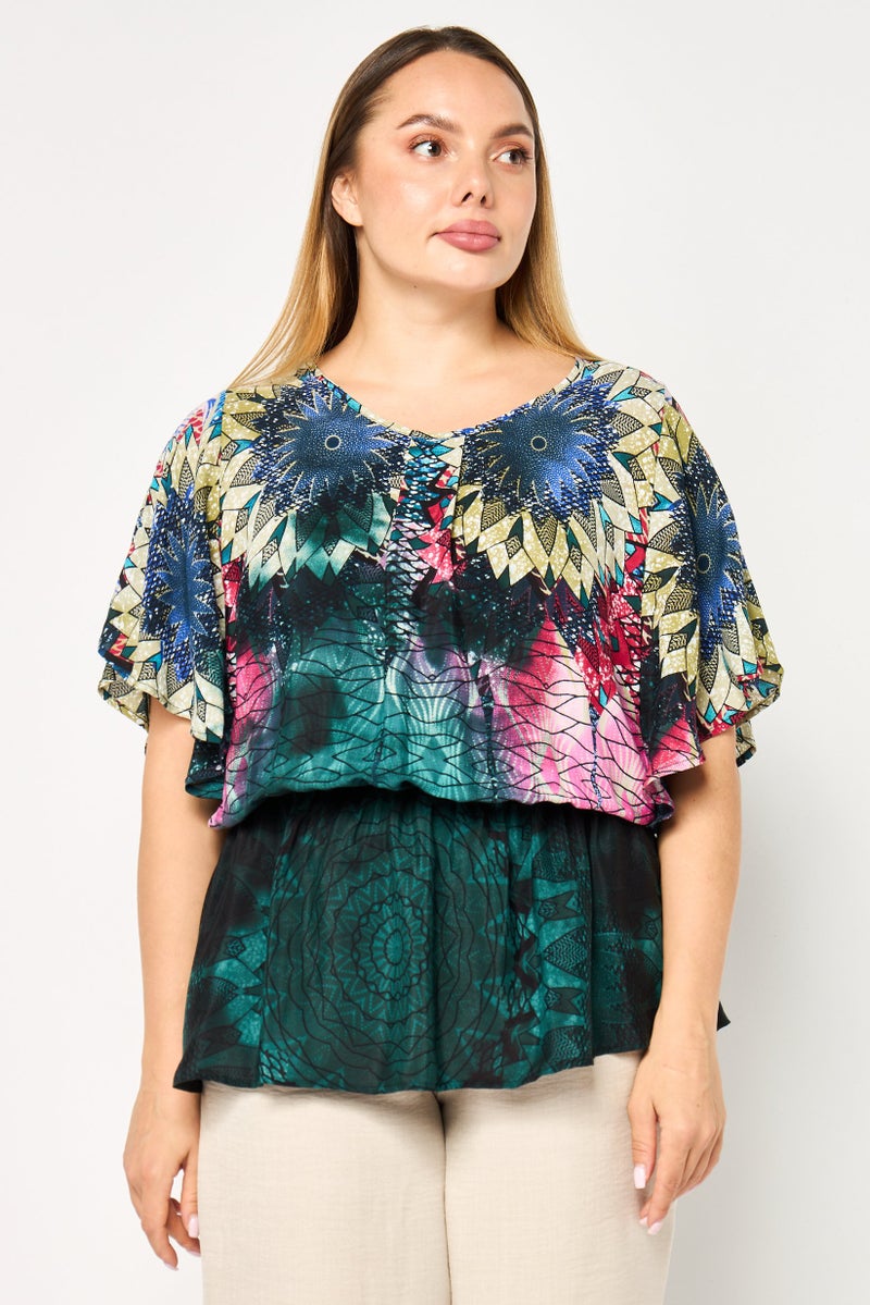 DESIGUAL Women Allover Print Butterfly Sleeve Blouse, Multicolor - Image 1