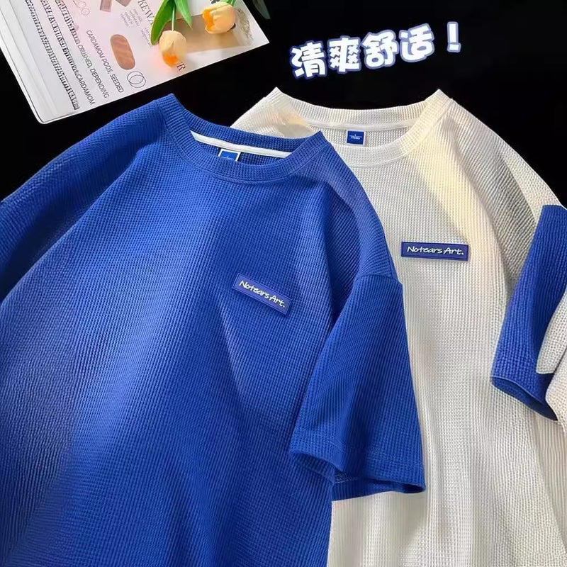 2024 Round Neck Short-Sleeved T-Shirt Wafflet Fashionable Loose T-Shirt Fashionable Brand Small Blue Label Pattern - Image 2