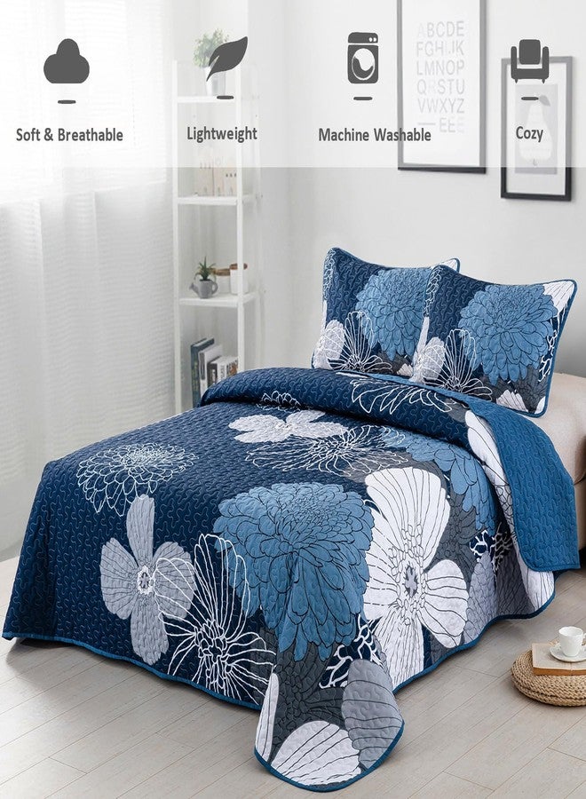 Anibedding Navy Blue Floral Quilts Set California King Size 3 Pieces Reversible Boho Flower Coverlet Bedding Set with 2 Pillowcases, All Season Lightweight Quilted Bedspreads Bedding Set 106''x96'' - Image 2