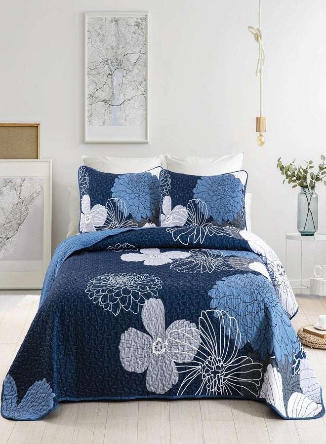 Anibedding Navy Blue Floral Quilts Set California King Size 3 Pieces Reversible Boho Flower Coverlet Bedding Set with 2 Pillowcases, All Season Lightweight Quilted Bedspreads Bedding Set 106''x96'' - Image 1