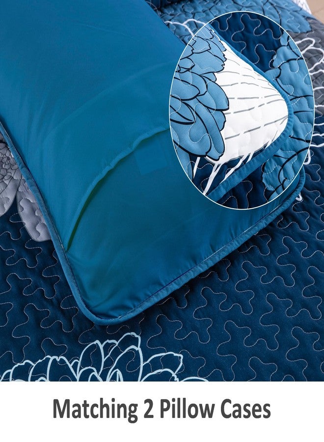 Anibedding Navy Blue Floral Quilts Set California King Size 3 Pieces Reversible Boho Flower Coverlet Bedding Set with 2 Pillowcases, All Season Lightweight Quilted Bedspreads Bedding Set 106''x96'' - Image 5