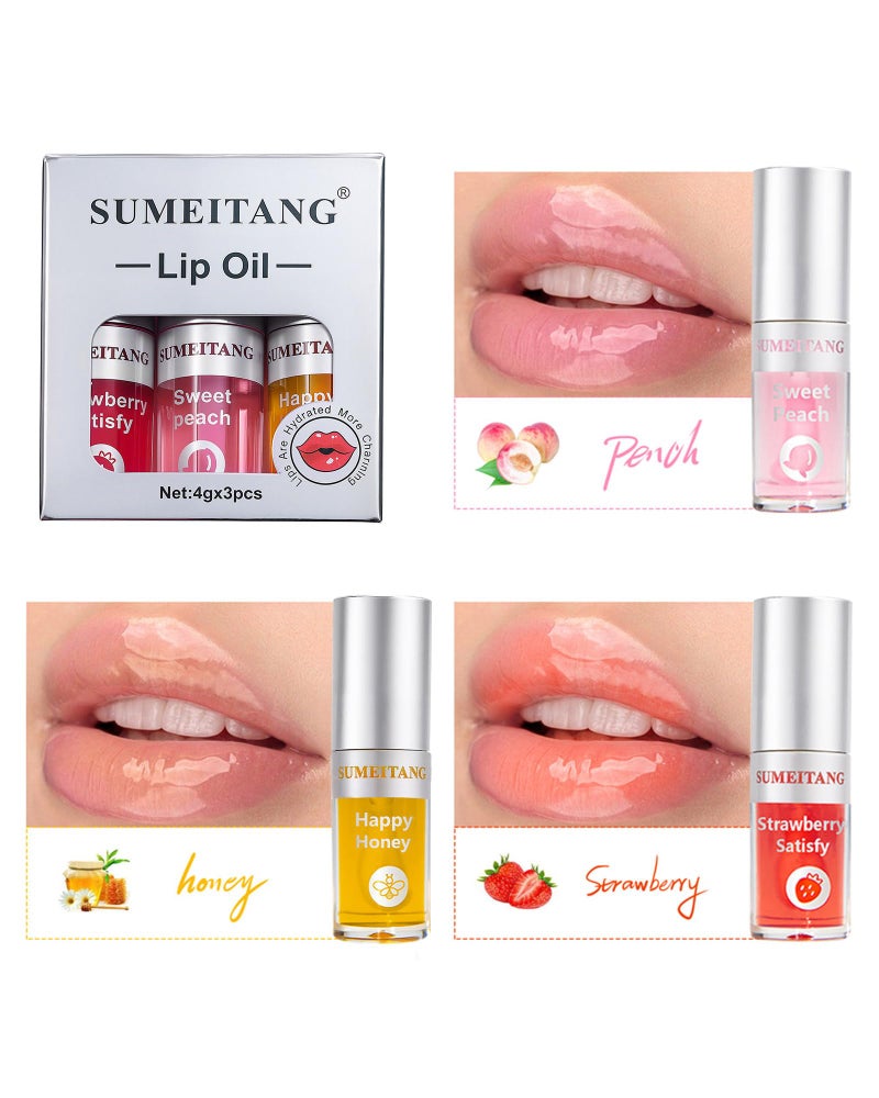 SUMEITANG 3Pcs Hydrating Lip Oil Setï¼ŒNon-sticky Lip Oils Gloss Lip Balm Lip Careï¼ŒDeeply Nourishing and Repairing Prevents Lips Chapped and Lighten Lip Lines(Honeyï¼ŒPeachï¼ŒStrawberry) - Image 3