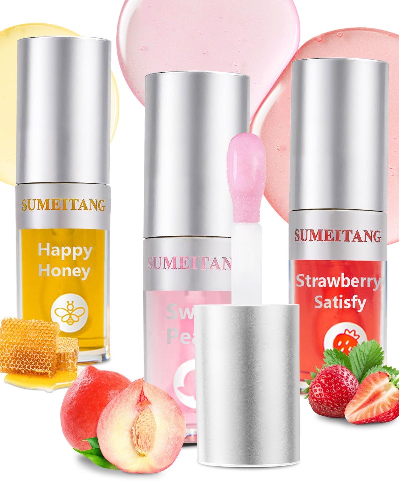 SUMEITANG 3Pcs Hydrating Lip Oil Setï¼ŒNon-sticky Lip Oils Gloss Lip Balm Lip Careï¼ŒDeeply Nourishing and Repairing Prevents Lips Chapped and Lighten Lip Lines(Honeyï¼ŒPeachï¼ŒStrawberry) - Image 1