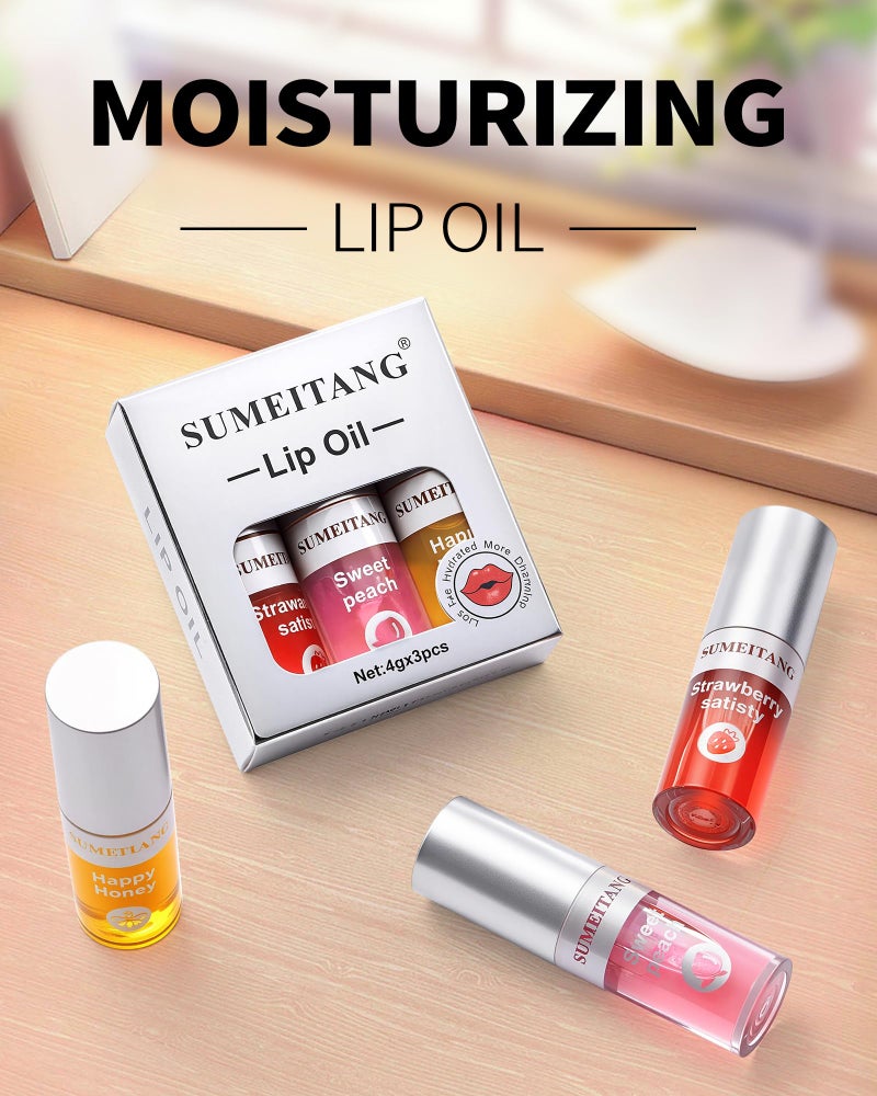 SUMEITANG 3Pcs Hydrating Lip Oil Setï¼ŒNon-sticky Lip Oils Gloss Lip Balm Lip Careï¼ŒDeeply Nourishing and Repairing Prevents Lips Chapped and Lighten Lip Lines(Honeyï¼ŒPeachï¼ŒStrawberry) - Image 2