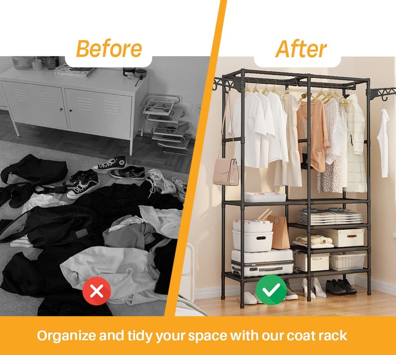 DWELLIT Collapsible wardrobe with Hanging Rod Shelves MultiTier Garment Rack Storage Organizer with Shoe Rack Portable wardrobe for home Black 16mm baked paint tube frame and fabric shelves 2 Section - Image 3