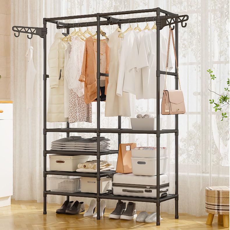 DWELLIT Collapsible wardrobe with Hanging Rod Shelves MultiTier Garment Rack Storage Organizer with Shoe Rack Portable wardrobe for home Black 16mm baked paint tube frame and fabric shelves 2 Section - Image 1