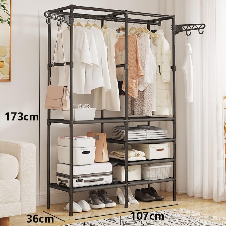 DWELLIT Collapsible wardrobe with Hanging Rod Shelves MultiTier Garment Rack Storage Organizer with Shoe Rack Portable wardrobe for home Black 16mm baked paint tube frame and fabric shelves 2 Section - Image 4