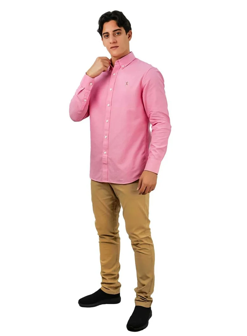 GIORDANO Men's Cotton Oxford Shirt - Small Lion Embroidery, Slim Fit, Full Button