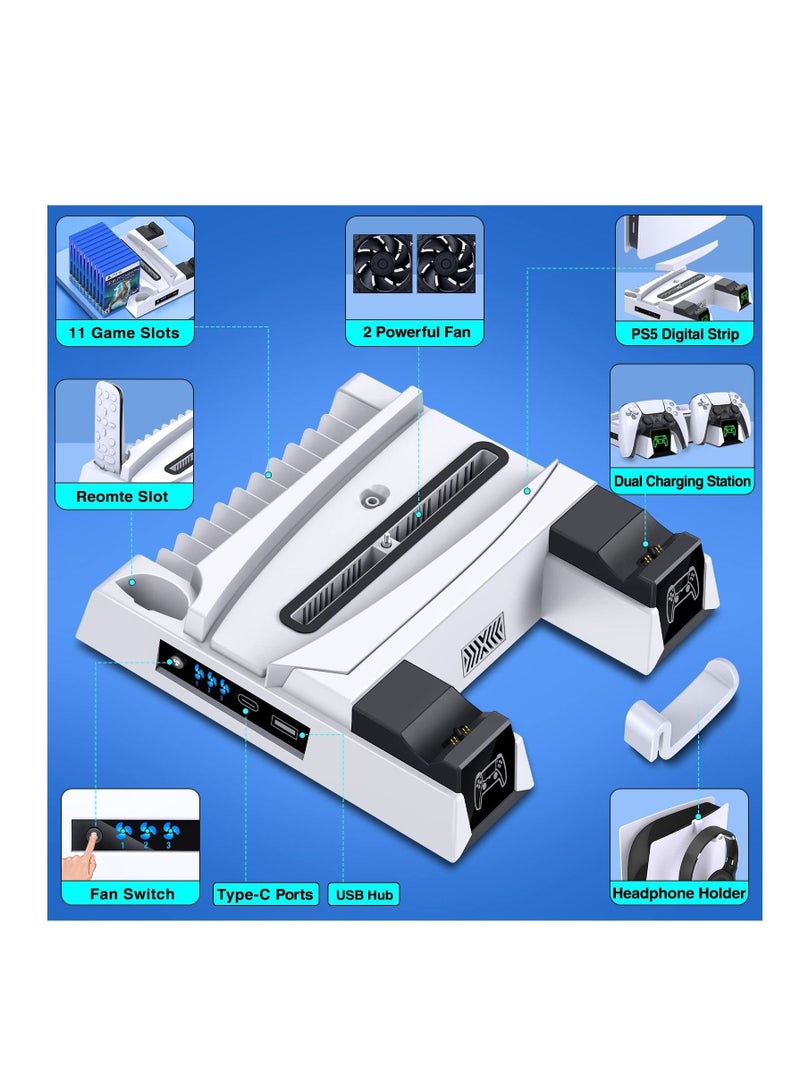 Y&D PS5 Stand KASTWAVE with Controller Charging Station and Cooling for PS 5 Console Digital Edition&Disc Version Dual Charger Dock 3 Fan Speeds Game Slots White  - Image 3