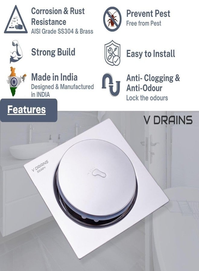 V DRAINS Stainless Steel Ss304 5X5 Inch Pop Up Floor Drain (125Mm X 125Mm) For Bathroom/Balcony/Roof/Terrace/Floor/Parking Anti Foul | Anti-Cockroach Finish: Glossy (Crome) - Image 3