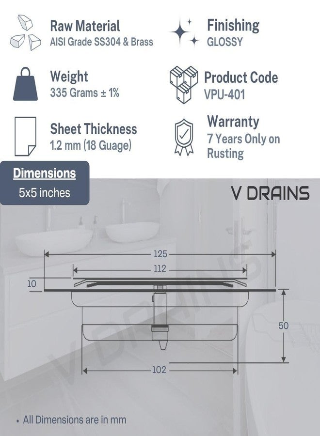 V DRAINS Stainless Steel Ss304 5X5 Inch Pop Up Floor Drain (125Mm X 125Mm) For Bathroom/Balcony/Roof/Terrace/Floor/Parking Anti Foul | Anti-Cockroach Finish: Glossy (Crome) - Image 2