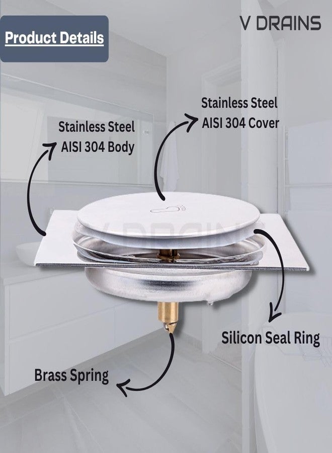 V DRAINS Stainless Steel Ss304 5X5 Inch Pop Up Floor Drain (125Mm X 125Mm) For Bathroom/Balcony/Roof/Terrace/Floor/Parking Anti Foul | Anti-Cockroach Finish: Glossy (Crome) - Image 4
