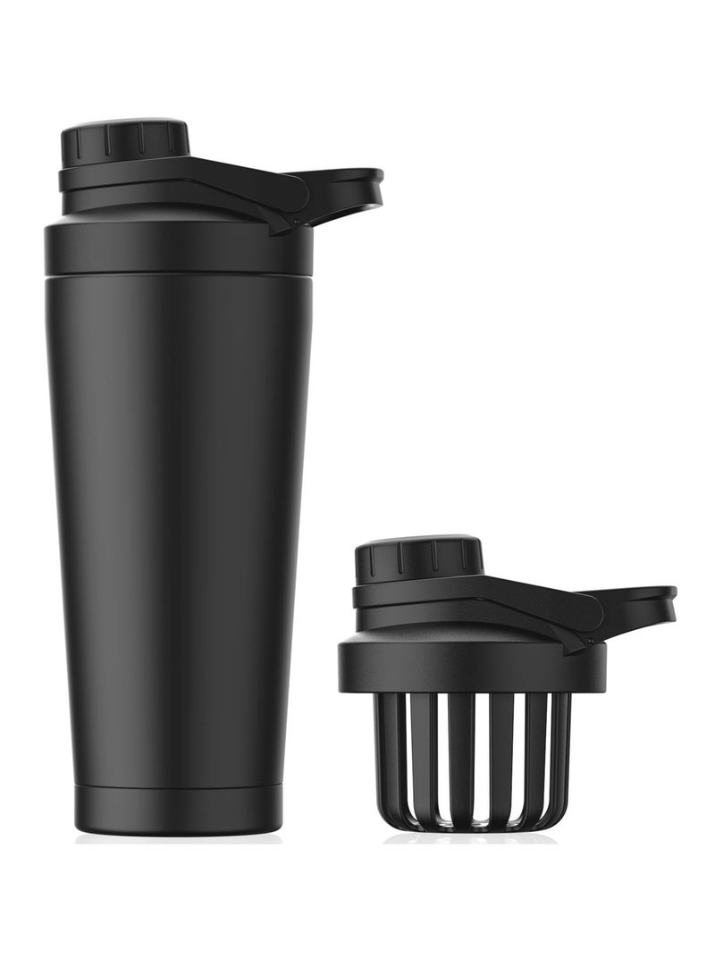 Excefore Shaker Bottle, Noise-Free Design, Patented 24 oz Insulated Metal Shakers Bottles Cup for Protein Mixes and Pre Workout 100% Leak Proof (Black) - Image 1