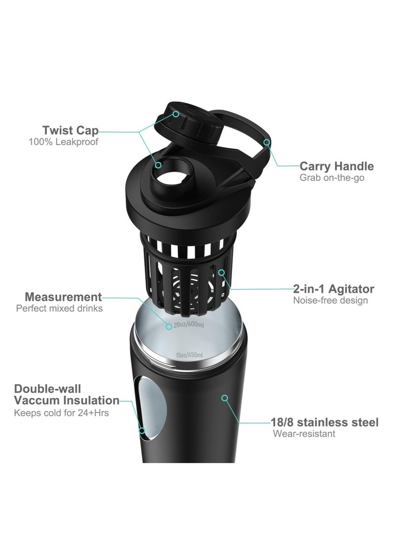 Excefore Shaker Bottle, Noise-Free Design, Patented 24 oz Insulated Metal Shakers Bottles Cup for Protein Mixes and Pre Workout 100% Leak Proof (Black) - Image 4