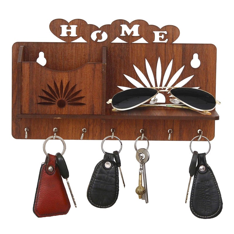 GRAH SAJJA GRAH SAJJA MDF Wood Wall Mounted Key Chain Holder Stylish Laser Cut Home and Floral Design Wooden Hanger with Mobile Holder Key Organizer for Home Office Entryway Closets 7 Hooks Light Brown  - Image 1