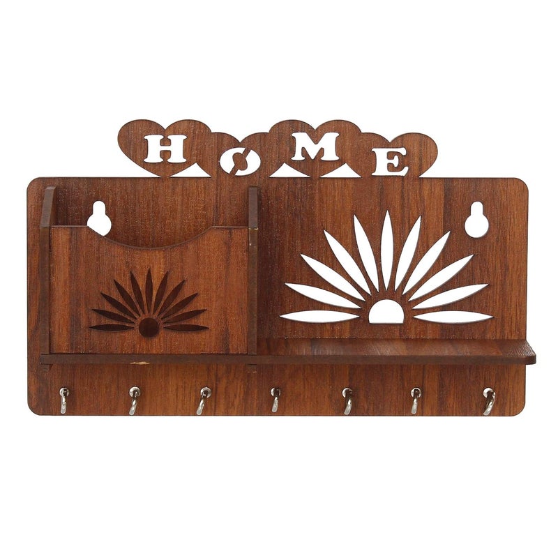 GRAH SAJJA GRAH SAJJA MDF Wood Wall Mounted Key Chain Holder Stylish Laser Cut Home and Floral Design Wooden Hanger with Mobile Holder Key Organizer for Home Office Entryway Closets 7 Hooks Light Brown  - Image 3