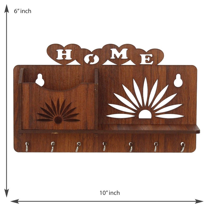 GRAH SAJJA GRAH SAJJA MDF Wood Wall Mounted Key Chain Holder Stylish Laser Cut Home and Floral Design Wooden Hanger with Mobile Holder Key Organizer for Home Office Entryway Closets 7 Hooks Light Brown  - Image 5