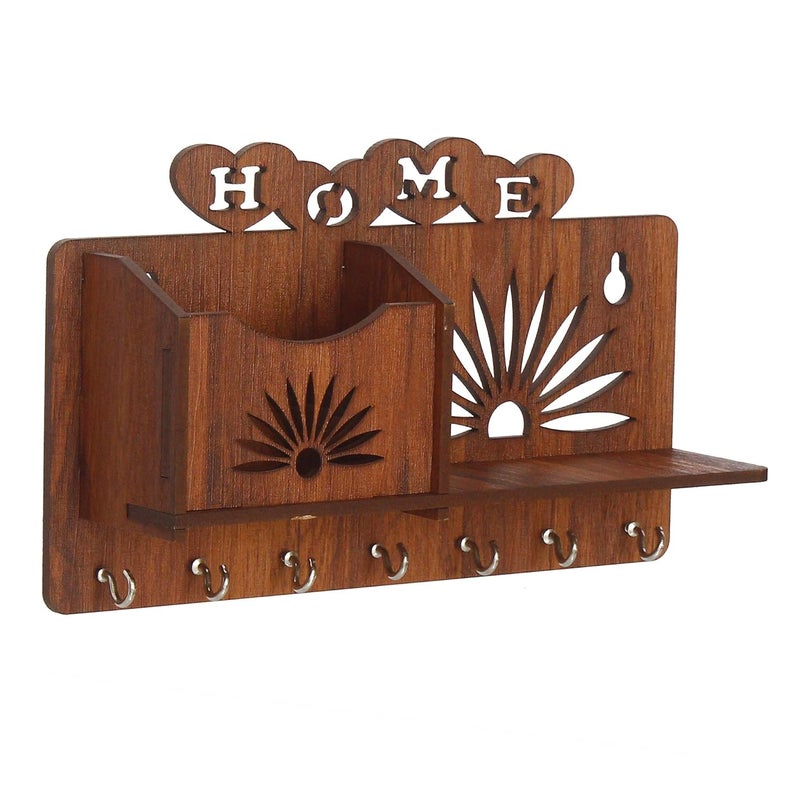 GRAH SAJJA GRAH SAJJA MDF Wood Wall Mounted Key Chain Holder Stylish Laser Cut Home and Floral Design Wooden Hanger with Mobile Holder Key Organizer for Home Office Entryway Closets 7 Hooks Light Brown  - Image 4