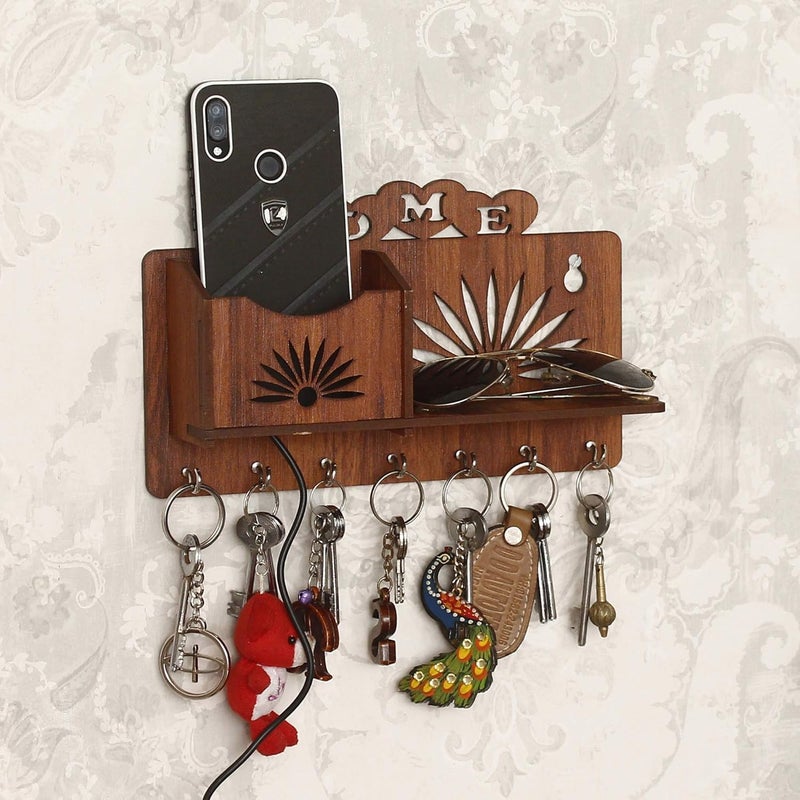 GRAH SAJJA GRAH SAJJA MDF Wood Wall Mounted Key Chain Holder Stylish Laser Cut Home and Floral Design Wooden Hanger with Mobile Holder Key Organizer for Home Office Entryway Closets 7 Hooks Light Brown  - Image 2