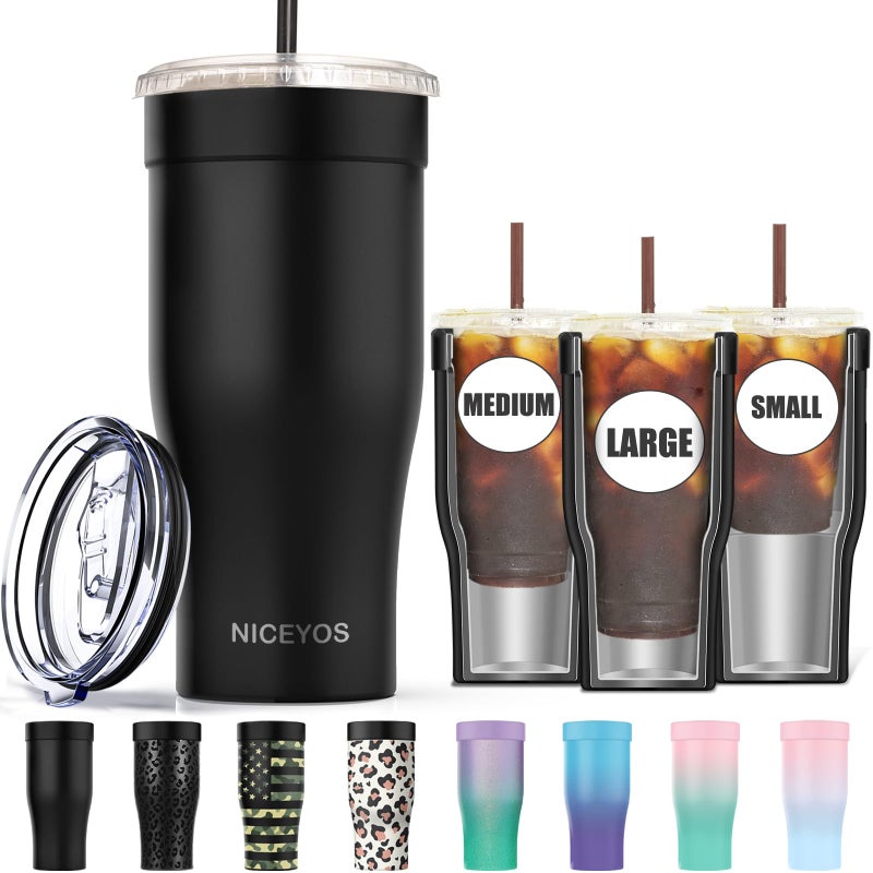 Niceyos Universal Iced Coffee Sleeve  Niceyos Upgraded Double Wall Reusable Stainless Steel Holder Sleeves Insulator for Cold Drinks Fits Starbucks Dunkin Donuts McDonalds Small Medium Large Cups Black