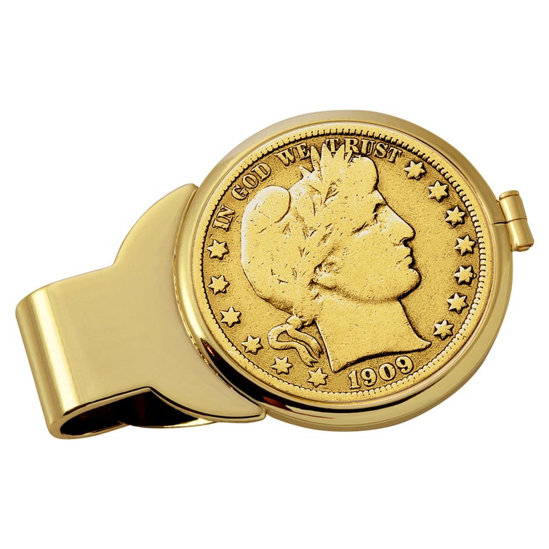 American Coin Treasures American Coin Treasures U.S. Coin Money Clip - Silver Barber Half Dollar Layered in Pure 24k Gold | Brass Moneyclip | Holds Currency, Credit Cards, Cash | Certificate of Authenticity  - Image 1