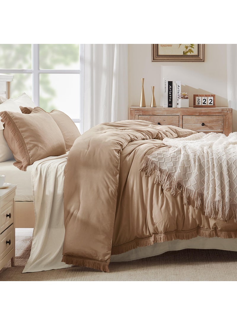 Andency Andency Taupe Comforter Set Queen  3 Pieces Boho Tassel Lightweight Bedding Comforter Sets  Tan All Season Soft Fluffy Fringe Bed Set (90x90In Comforter & 2 Pillowcases)  - Image 2