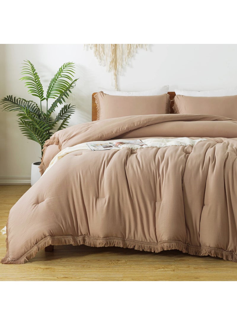 Andency Andency Taupe Comforter Set Queen  3 Pieces Boho Tassel Lightweight Bedding Comforter Sets  Tan All Season Soft Fluffy Fringe Bed Set (90x90In Comforter & 2 Pillowcases)  - Image 1