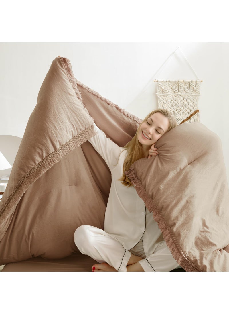 Andency Andency Taupe Comforter Set Queen  3 Pieces Boho Tassel Lightweight Bedding Comforter Sets  Tan All Season Soft Fluffy Fringe Bed Set (90x90In Comforter & 2 Pillowcases)  - Image 3