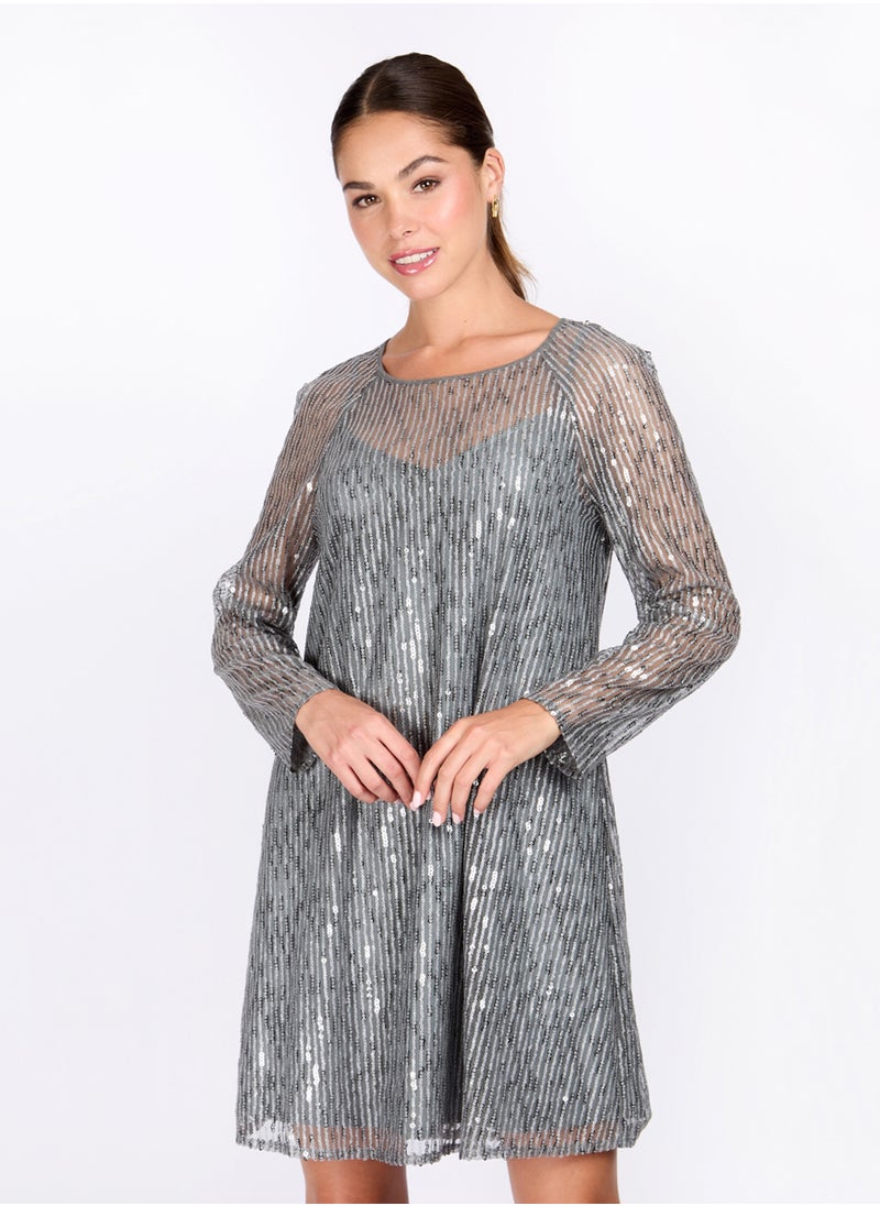 Little Mistress - Patterned Crew Neck Dress - Image 1