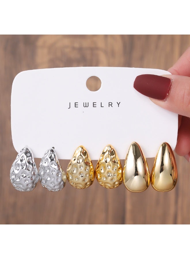 3Pairs CCB Teardrop Stud Earrings Set, Hammered Textured & Smooth Water Drop Earrings Gold Silver Fashion Statement Jewelry for Women