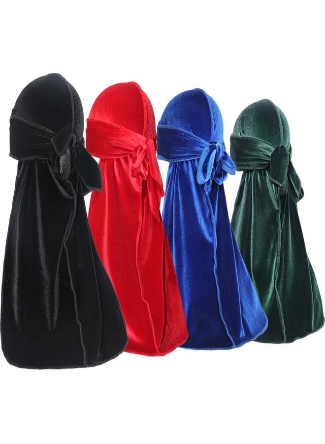 ForceWave Velvet Durags for Men Premium Du Rags Pack of 4 for Men Women with Long Tail and Wide Strap (Black Red Blue Green) - Image 1