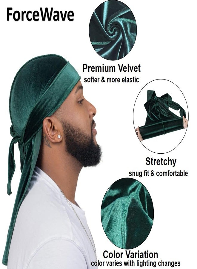 ForceWave Velvet Durags for Men Premium Du Rags Pack of 4 for Men Women with Long Tail and Wide Strap (Black Red Blue Green) - Image 2