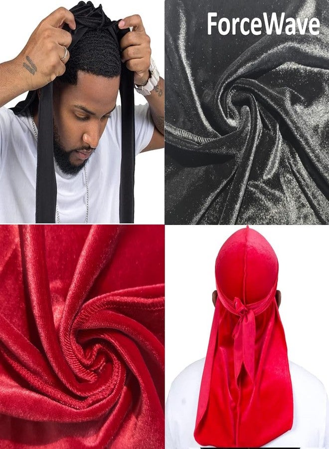 ForceWave Velvet Durags for Men Premium Du Rags Pack of 4 for Men Women with Long Tail and Wide Strap (Black Red Blue Green) - Image 5
