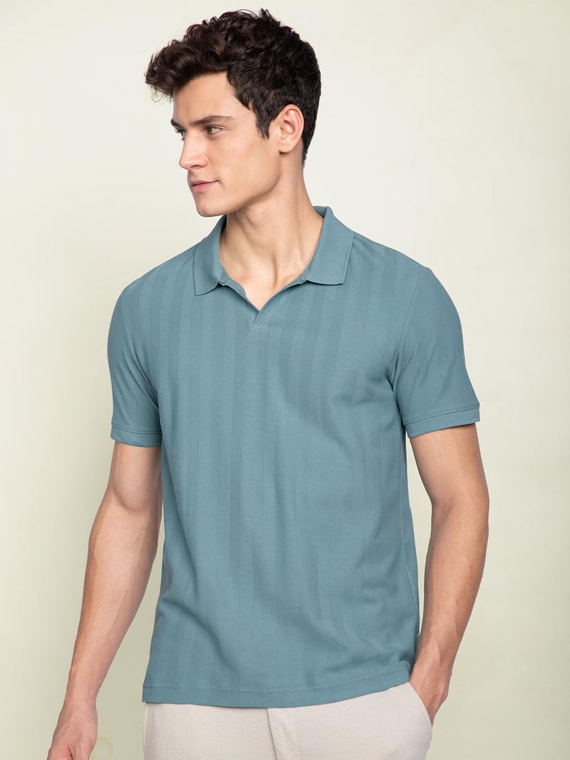 DAMENSCH Statement Textured Polo T-Shirts | Premium Cotton, Herringbone Texture, Johnny Collar-Pack of 1-Shady Teal-XL - Image 5