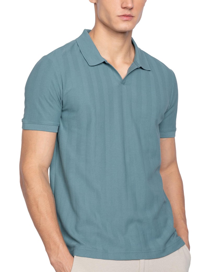 DAMENSCH Statement Textured Polo T-Shirts | Premium Cotton, Herringbone Texture, Johnny Collar-Pack of 1-Shady Teal-XL - Image 1