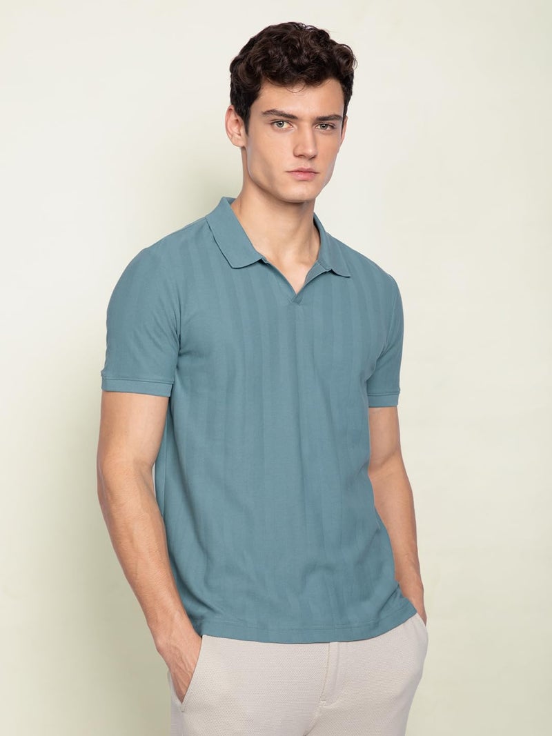 DAMENSCH Statement Textured Polo T-Shirts | Premium Cotton, Herringbone Texture, Johnny Collar-Pack of 1-Shady Teal-XL - Image 4