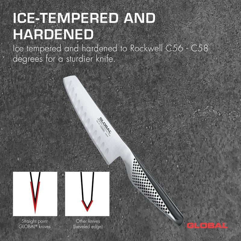 GLOBAL سكين خضار مجوفة بطول 5 1/2 بوصة، مصنوعة من الفولاذ المقاوم للصدأ الياباني الخفيف، حافة حادة كالشفرات، مصنوعة في اليابان، GS-91 - Image 4