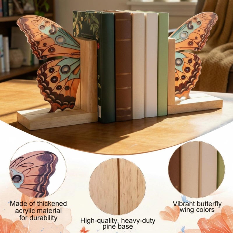 Tosstuki Decorative Butterfly Bookends Wooden Acrylic Butterflys Bookend Modern Bookshelf Decor Accent Book Stopper Decor for Home Farmhouse Shelves Office Lover Gift(Junonia Almana Butterfly) - Image 3