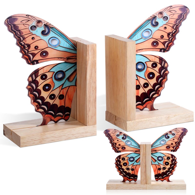 Tosstuki Decorative Butterfly Bookends Wooden Acrylic Butterflys Bookend Modern Bookshelf Decor Accent Book Stopper Decor for Home Farmhouse Shelves Office Lover Gift(Junonia Almana Butterfly) - Image 1